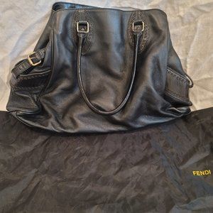 FENDI Vintage Black Leather Shopper Tote With Dustbag